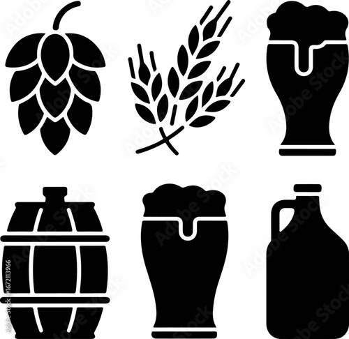 Festive Black Silhouette Vector Pack of Beer and Brewing Elements for Design Projects