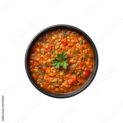 Delicious Red Lentil Soup in a Black Bowl - Overhead View