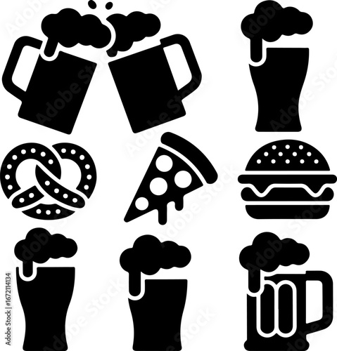 Party beverage and food icons Cheers to good times with beer mugs, pizza slices, and pretzels!