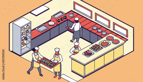 Professional cooking kitchen interior isolated flat vector illustration. Cartoon restaurant chefs and waiters preparing meal and desserts. Commercial food industry and gourmet concept