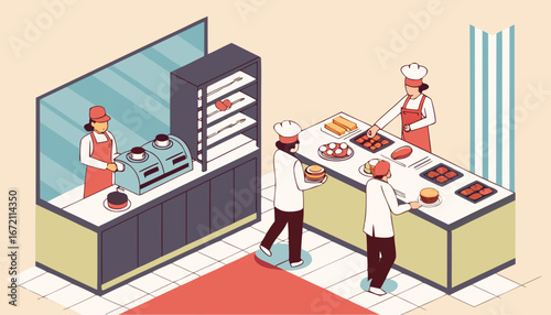 Professional cooking kitchen interior isolated flat vector illustration. Cartoon restaurant chefs and waiters preparing meal and desserts. Commercial food industry and gourmet concept