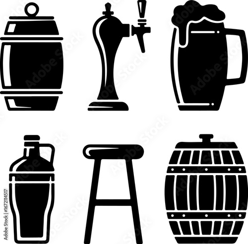 Black Silhouette Beer Icons Delivery, Keg, Tap, Glass, and Bar Stool