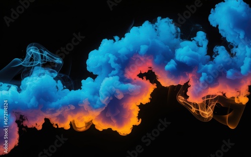 Swirling Neon Blue and Orange Smoke Against Black Background abstract
