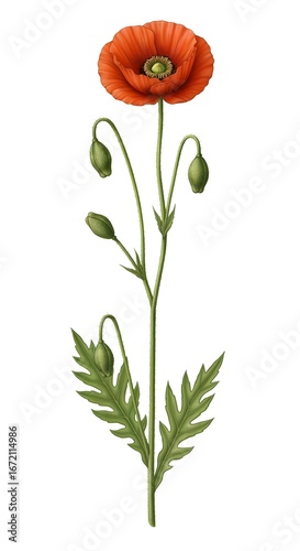 Stunning Botanical Illustration of a Red Poppy Flower with Buds and Leaves