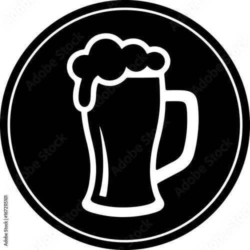 Classic frothy beer mug depicted as a clean, minimalist white silhouette within a bold black circular emblem, perfect for beverage-related designs and icons