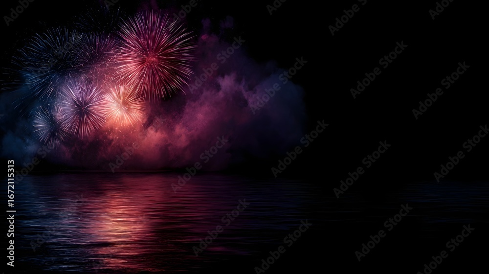 Fototapeta premium Captivating fireworks display reflecting on ocean waves during a coastal celeb n