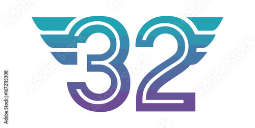 Abstract number 32 with wing design on black background