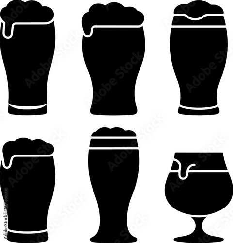 Collection of black silhouette beer glasses with frothy heads, perfect for beverage and pub themes