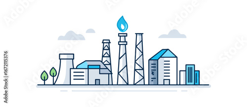 Industrial cityscape illustration modern structures energy production