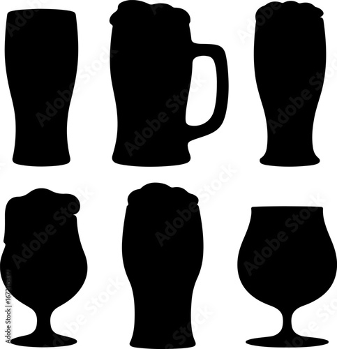 Set of minimalist beer silhouette logo with different glass shapes, black outline, for design elements