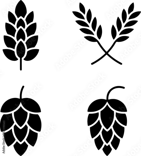 Elegant collection of vintage style beer brewing ingredient silhouettes, featuring hops and grain stalks, for craft beverage design