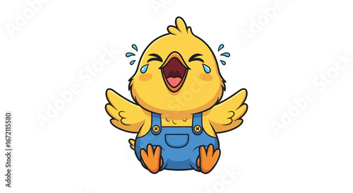 Adorable cartoon baby chick in blue overalls, laughing hysterically with tears of joy, radiating pure happiness and amusement in a delightful character illustration