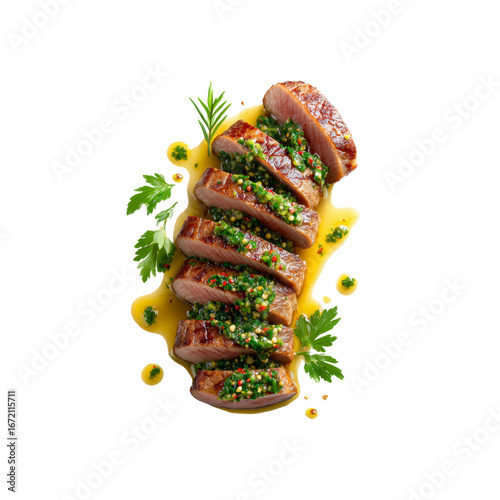 Sliced Grilled Steak with Chimichurri Sauce, overhead shot