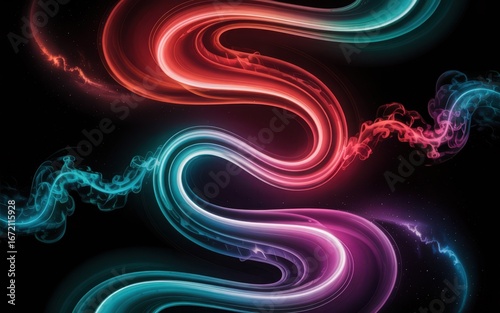 Swirling Neon Light Trails Red Blue Purple Black Background abstract