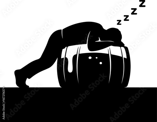 Stylized black silhouette of an individual sleeping soundly on a robust wooden barrel, symbolizing deep rest and unwinding