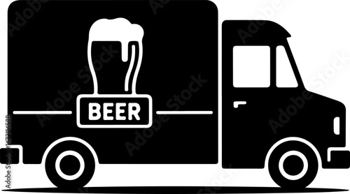 Black Silhouette of Beer Foam Overflowing from Cup and Beer Truck Illustration