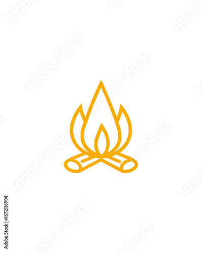 Stylized illustration of a campfire with flames in white and gold on a dark background
