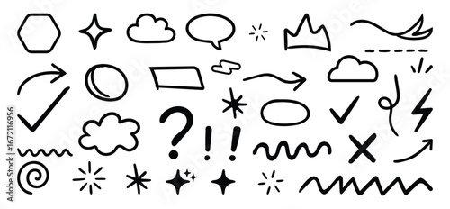 Line brush vector set. Hand drawn sketch doodle style arrow, cross, cloud, chat box, star with marker stroke pencil highlight. Vector illustration