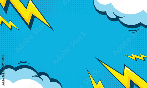 comic background with cloud and lightning on blue