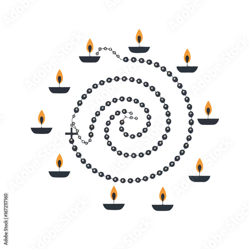 Rosary Beads in a Spiral with Candles for Prayer and Remembrance