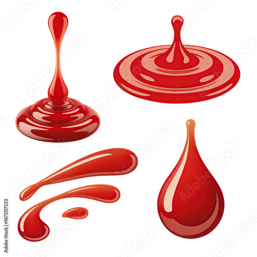  Set of red drops and splashes of ketchup or sauce isolated on white background