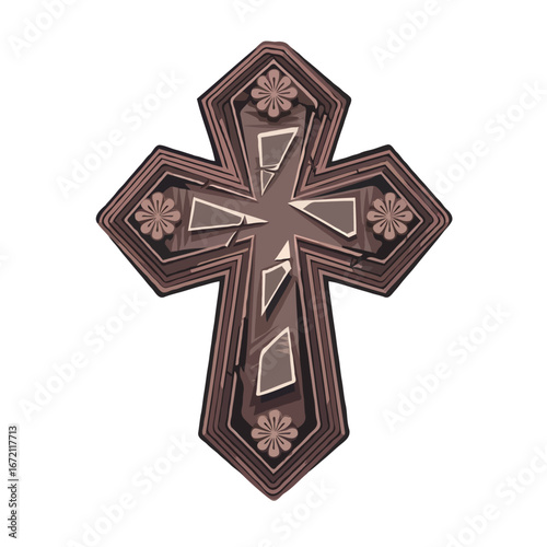 Intricate Brown Wooden Cross with Floral Accents on a White Background