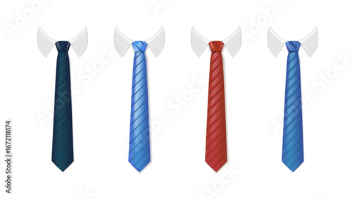3d Realistic Neck tie with white collar. Tie neck vector with different stripe pattern. Vector