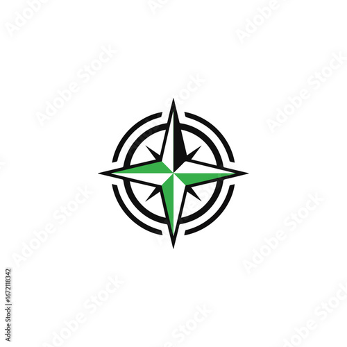 Compass rose icon with green and white elements on black background