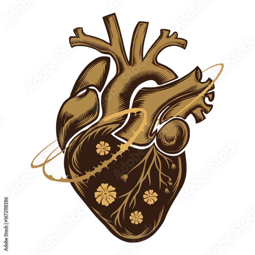 Stylized Human Heart with Flowers Thorns and Golden Rings Illustration