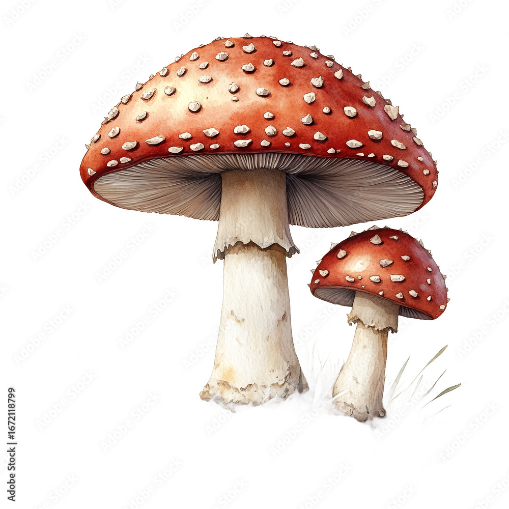 Obraz premium Two Red Amanita Muscaria Mushrooms Growing in the Wild on Transparent Background