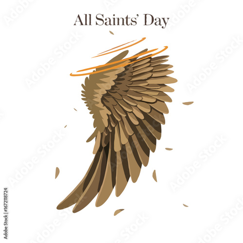 All Saints Day illustration with angel wing and halo on white background