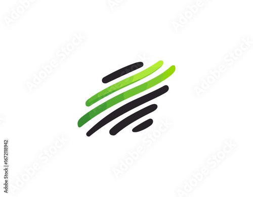 Abstract graphic element with green parallel lines and strokes on black background