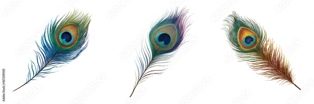 Obraz premium Set of Peacock feather with the colors of blue, green, and brown isolated on a transparent background