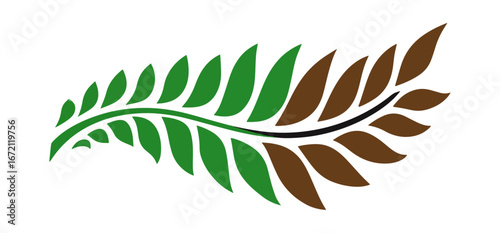 Stylized plant illustration with green and brown leaves on black background
