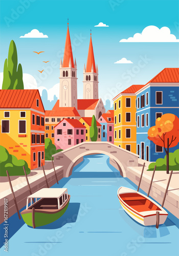Vibrant illustration of a picturesque European canal town with colorful buildings, boats, and a bridge under a sunny sky