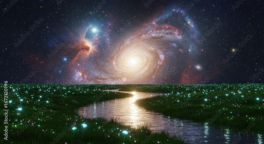 Naklejka premium Cosmic River Reflects a Swirling Galaxy Over a Dreamlike Meadow of Glowing Flowers