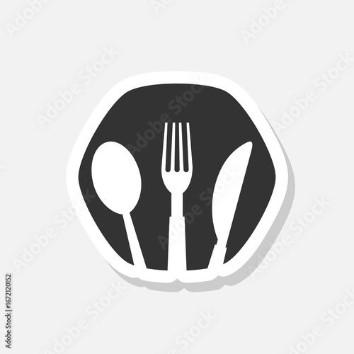 Fork, knife, plate and spoon icon sticker isolated on gray background