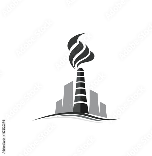 Industrial factory graphic with smokestack emitting smoke on black background