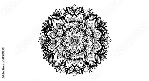 Bold, black and white intricate mandala with dense floral and geometric patterns on isolated white background