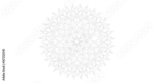 Faint, light grey outline mandala design on isolated white background
