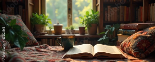 A cozy reading nook filled with books, a steaming mug, and soft lighting, perfect for a relaxing reading session , stillness, interior