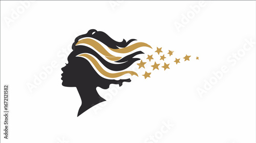 Woman profile with flowing hair and stars