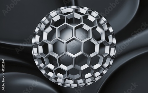 3d rendering of a metallic geodesic sphere with hexagonal cells on a dark flowing background abstract