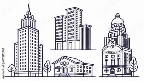 Real estate Properties line editable icon set. Containing, Urban architecture, building, skyscraper, and more. Editable stroke. Vector illustration