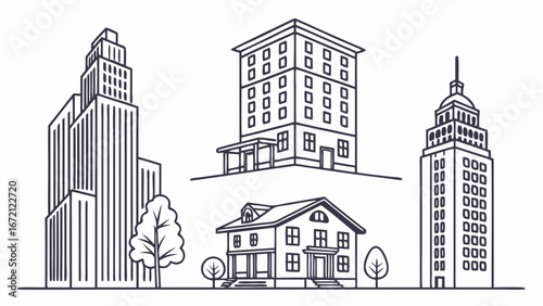 Real estate Properties line editable icon set. Containing, Urban architecture, building, skyscraper, and more. Editable stroke. Vector illustration