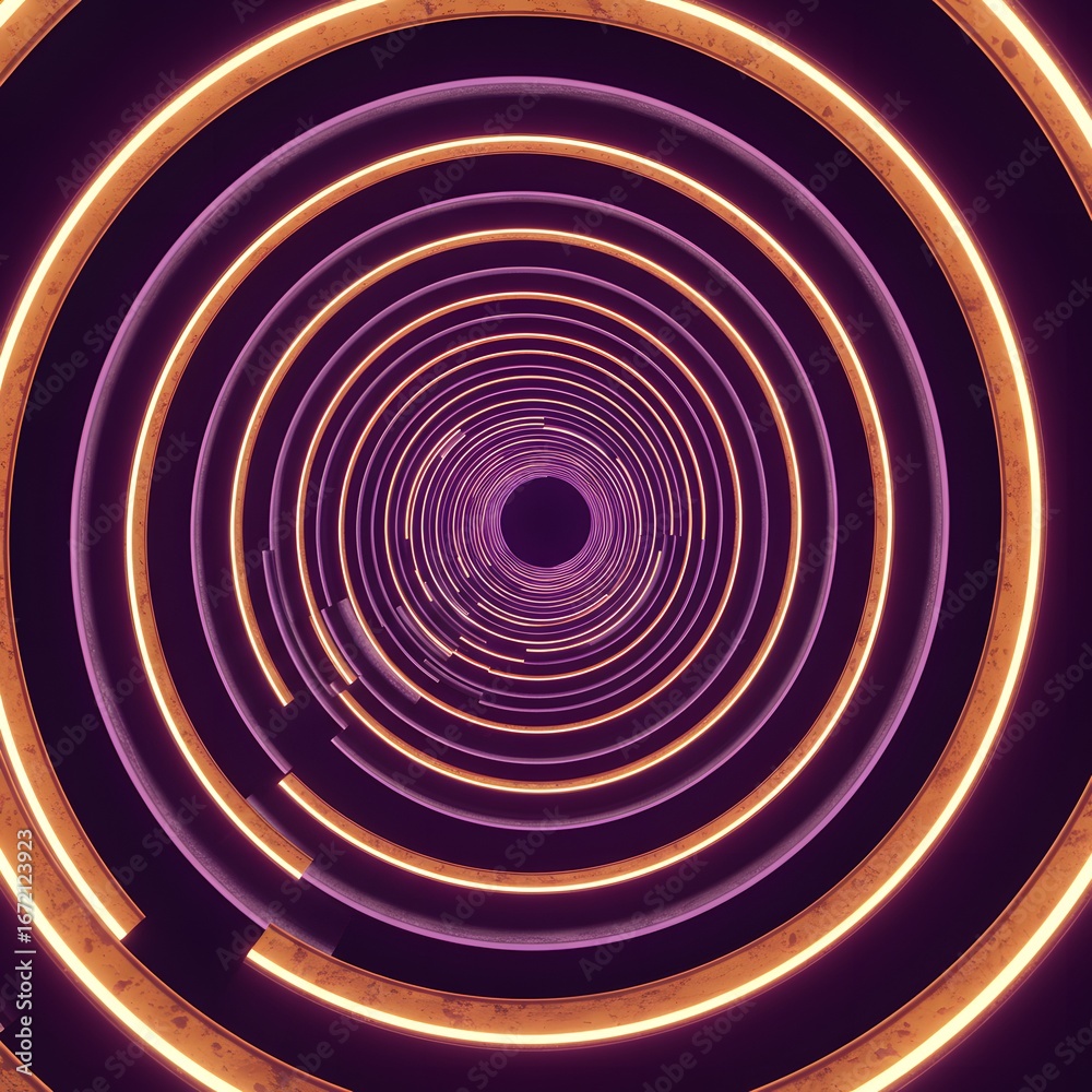 Fototapeta premium Abstract concentric circles of orange and purple light create a tunnel effect against a dark background.