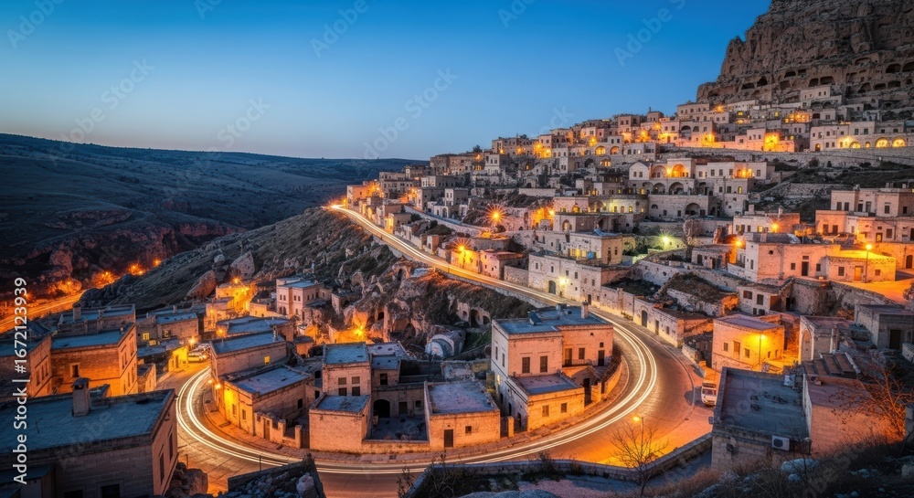Obraz premium Scenic twilight view of illuminated cappadocia village on hillside
