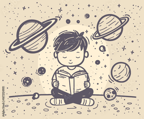 A young boy sitting on the ground, completely engrossed in a book vector illustration. In the backdrop outer space planets, the childs sense of wonder. Cartoon design filled with imagination