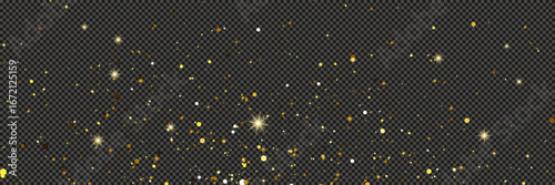 Gold glittering dust with stars on transparent backdrop