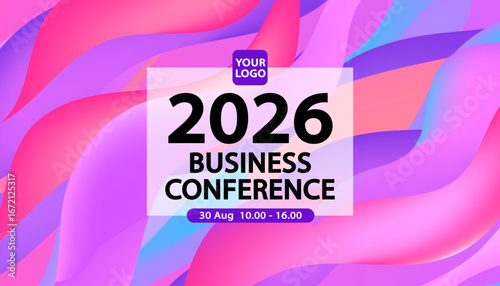 A business conference banner template . This vibrant design features a colorful abstract liquid or fluid wave background in pink and purple, ideal for creative corporate events, summits, or seminars.